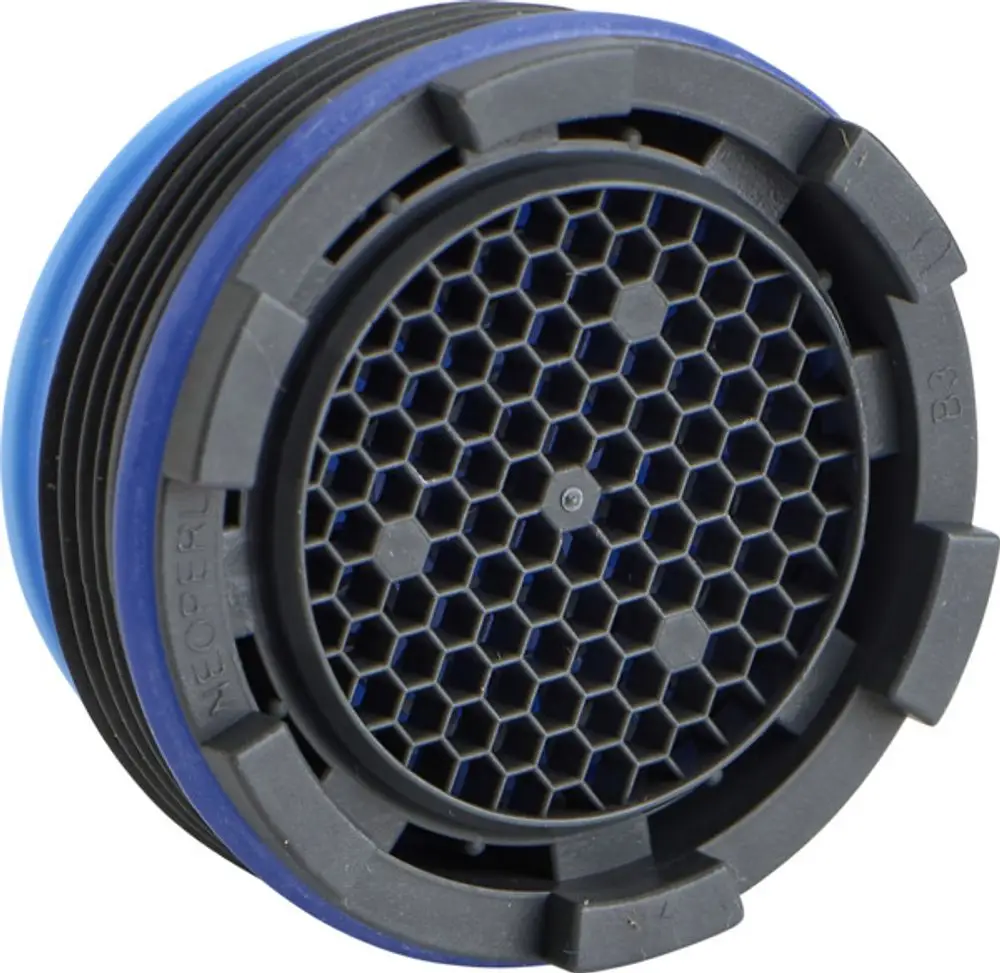 Strahlregler in runder Form, gefertigt von Ideal Standard, mit einem sechseckigen Gitterdesign im Inneren und einer blauen Umrandung.